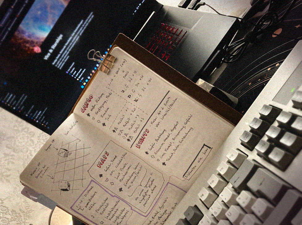 Foto von Journal mit RPG-Notizen: es ist aufrecht zwichen Laptop und externe Tastatur geklemmt. An den Seiten ein bisschen Kabelsalat und im Hintergrund auf dem Laptop ist Notion mit meiner RPG-Hauptseite geöffnet